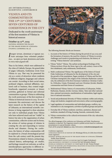 Call for Papers: "VILNIUS AND ITS COMMUNITIES IN THE 13th-21st CENTURIES: SEVEN CENTURIES OF...