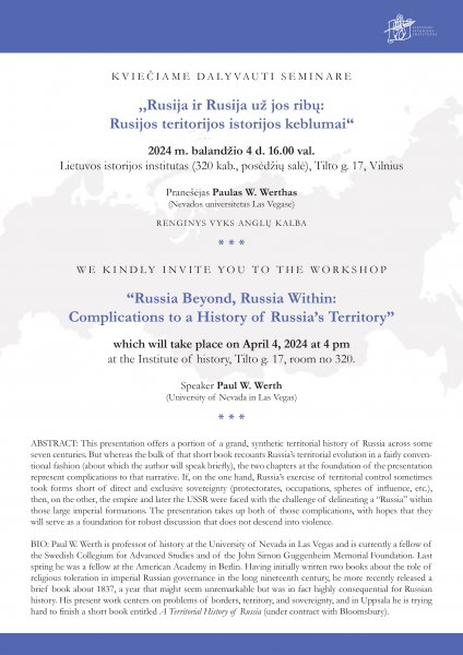 Kvietimas dalyvauti seminare „Rusija ir Rusija už jos ribų: Rusijos teritorijos istorijos keblumai“