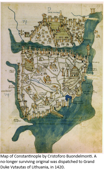 Map of Constantinople by Cristoforo Buondelmonti. A no-longer surviving original was dispatched to Grand Duke Vytautas of Lithuania, in 1420.